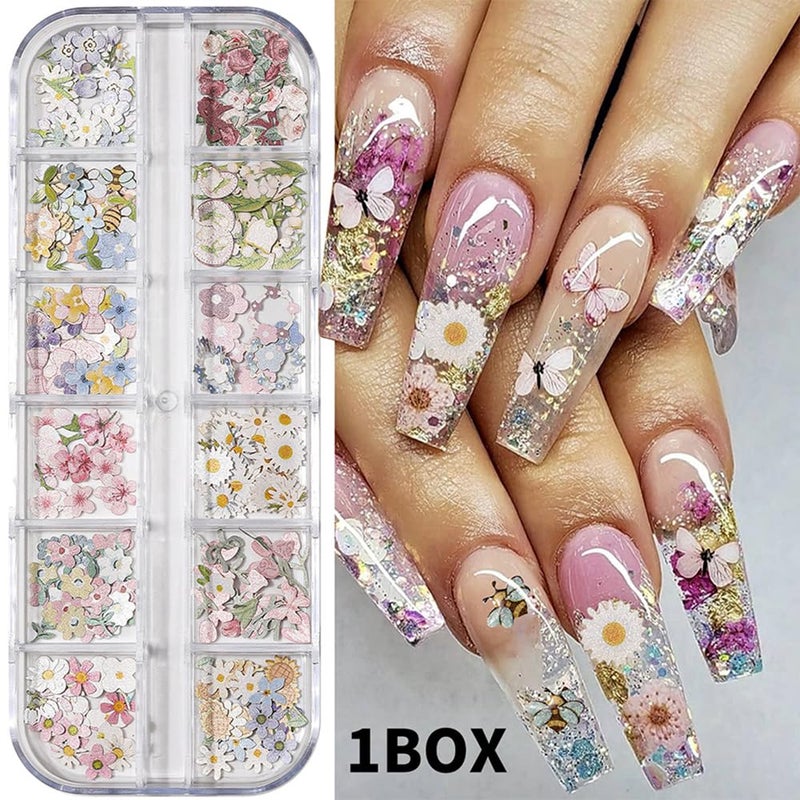 AIPULIDUO 300Pcs 3D Flower Nail Art Charms Sequins Decals Colorful Mixed Flowers Leaves Butterfly Design Slice Nail Flowers Ultra Wood Pulp Flakes Sequins - Image 2