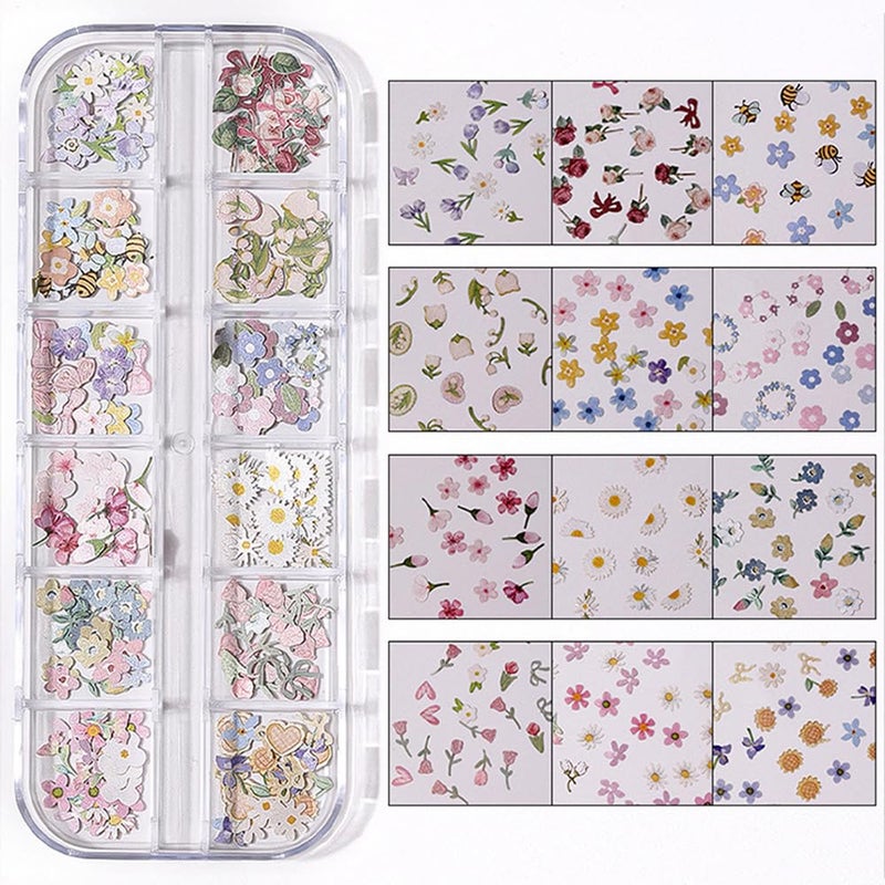 AIPULIDUO 300Pcs 3D Flower Nail Art Charms Sequins Decals Colorful Mixed Flowers Leaves Butterfly Design Slice Nail Flowers Ultra Wood Pulp Flakes Sequins - Image 1