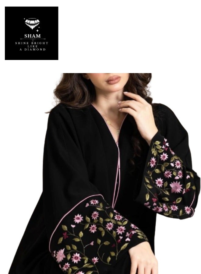 Sham Pink Flowers And Green Leafs Abaya - Image 2