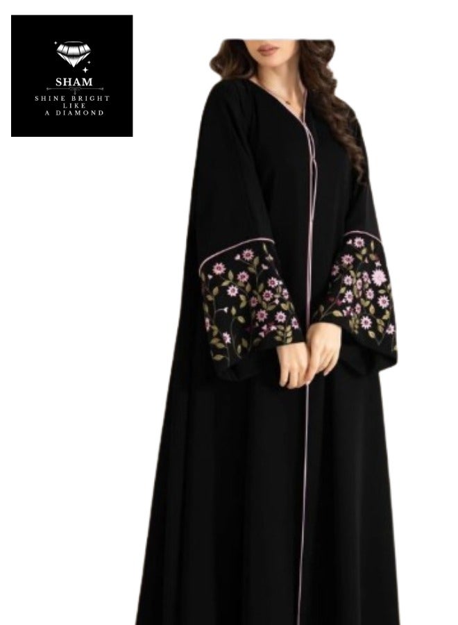 Sham Pink Flowers And Green Leafs Abaya - Image 1