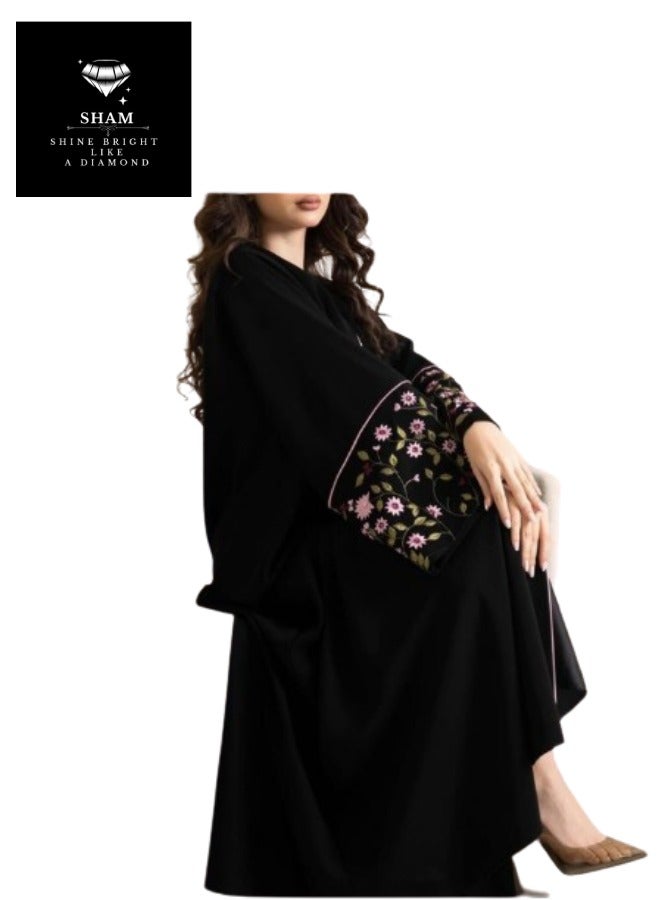 Sham Pink Flowers And Green Leafs Abaya - Image 3