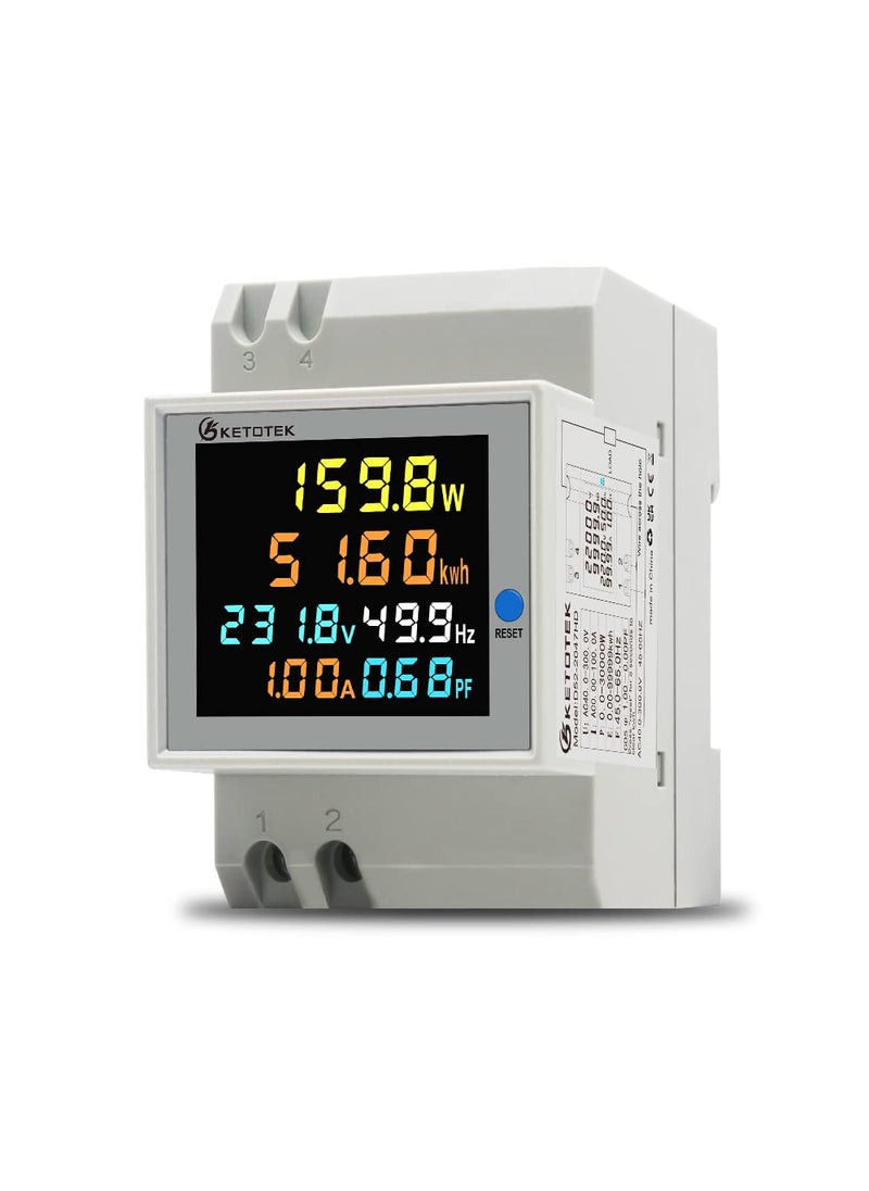 KETOTEK KETOTEK Single Phase Energy Meter Din Rail Electricity Usage Monitor AC 40-300V 100A Voltmeter Ammeter Watt Kwh Frequency Power Meter Built-in CT 110V  - Image 1
