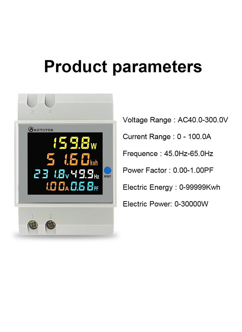 KETOTEK KETOTEK Single Phase Energy Meter Din Rail Electricity Usage Monitor AC 40-300V 100A Voltmeter Ammeter Watt Kwh Frequency Power Meter Built-in CT 110V  - Image 4