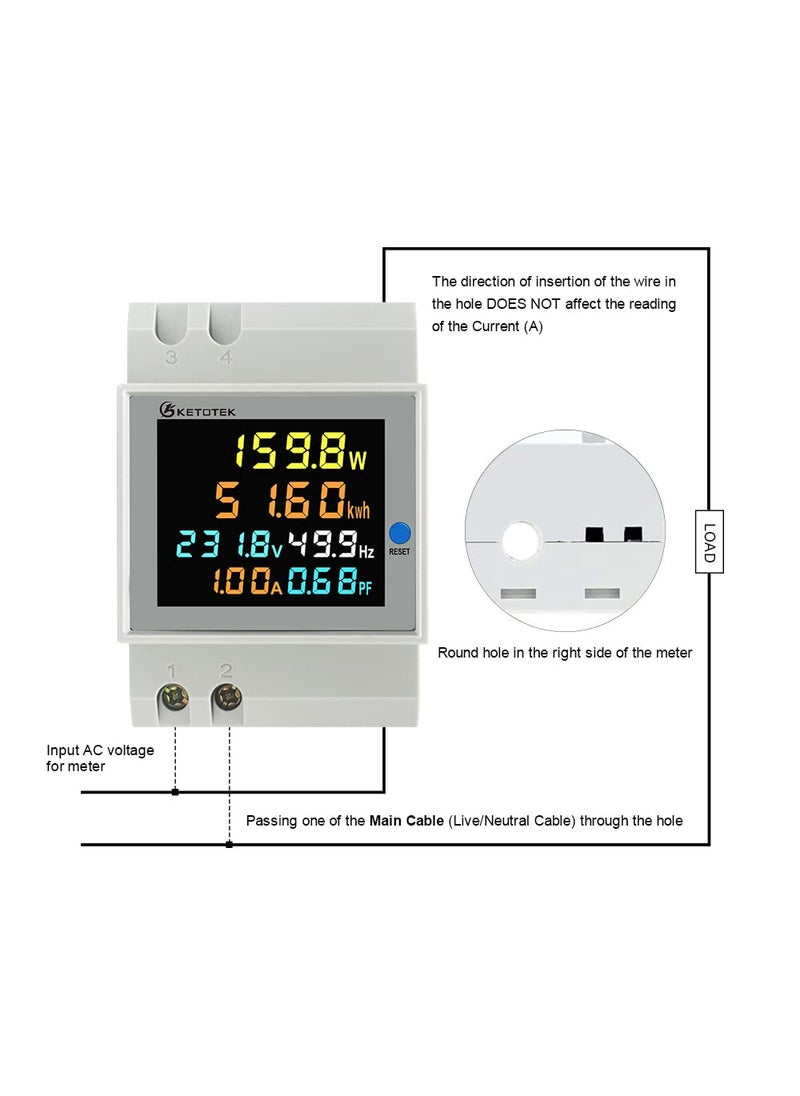 KETOTEK KETOTEK Single Phase Energy Meter Din Rail Electricity Usage Monitor AC 40-300V 100A Voltmeter Ammeter Watt Kwh Frequency Power Meter Built-in CT 110V  - Image 5
