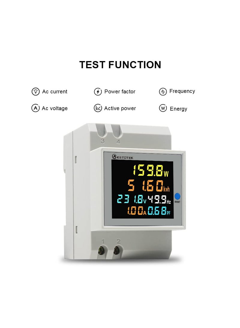 KETOTEK KETOTEK Single Phase Energy Meter Din Rail Electricity Usage Monitor AC 40-300V 100A Voltmeter Ammeter Watt Kwh Frequency Power Meter Built-in CT 110V  - Image 2