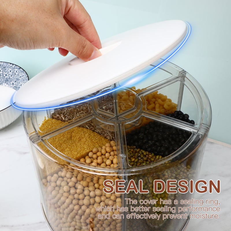 Rice Dispenser Rotating Dry Food Dispenser Grain Storage Container with 6 Compartments for Rice Beans - Image 3