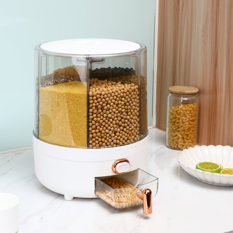 Rice Dispenser Rotating Dry Food Dispenser Grain Storage Container with 6 Compartments for Rice Beans - Image 5