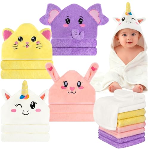 OFUSUY 12 PCS Baby Bath Towels for Infants Toddlers, 4 PCS Animal Hooded Baby Towels & 8 PCS Washcloths Set, Soft & Ultra Absorbent Newborn Bath Cute Essential Gifts for Boys & Girls - Image 1
