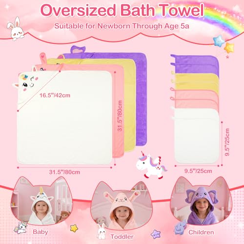 OFUSUY 12 PCS Baby Bath Towels for Infants Toddlers, 4 PCS Animal Hooded Baby Towels & 8 PCS Washcloths Set, Soft & Ultra Absorbent Newborn Bath Cute Essential Gifts for Boys & Girls - Image 2