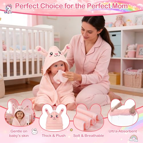 OFUSUY 12 PCS Baby Bath Towels for Infants Toddlers, 4 PCS Animal Hooded Baby Towels & 8 PCS Washcloths Set, Soft & Ultra Absorbent Newborn Bath Cute Essential Gifts for Boys & Girls - Image 3