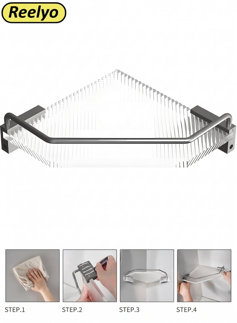 Reelyo Corner Shower Rack, 100% Acrylic & Space Aluminum Corner Shower Storage Rack for Bathroom, Single-Layer Shower Corner Rack, No Drilling Required, Wall Sticker Installation Bathroom Storage Rack And Storage Rack, Space Saving For Bathrooms, Washrooms, Kitchens, Bathrooms, Washbasins (Clear) - Image 1