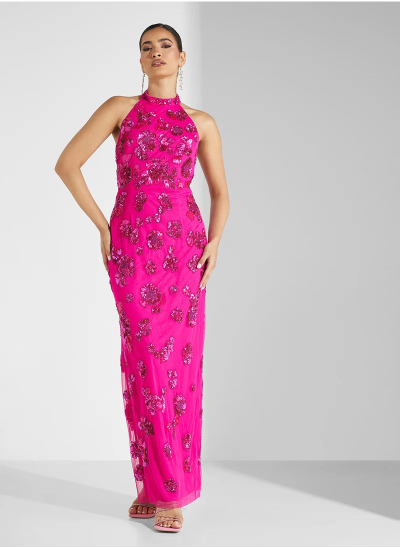 Adrianna Papell Bead Halter Column Dress