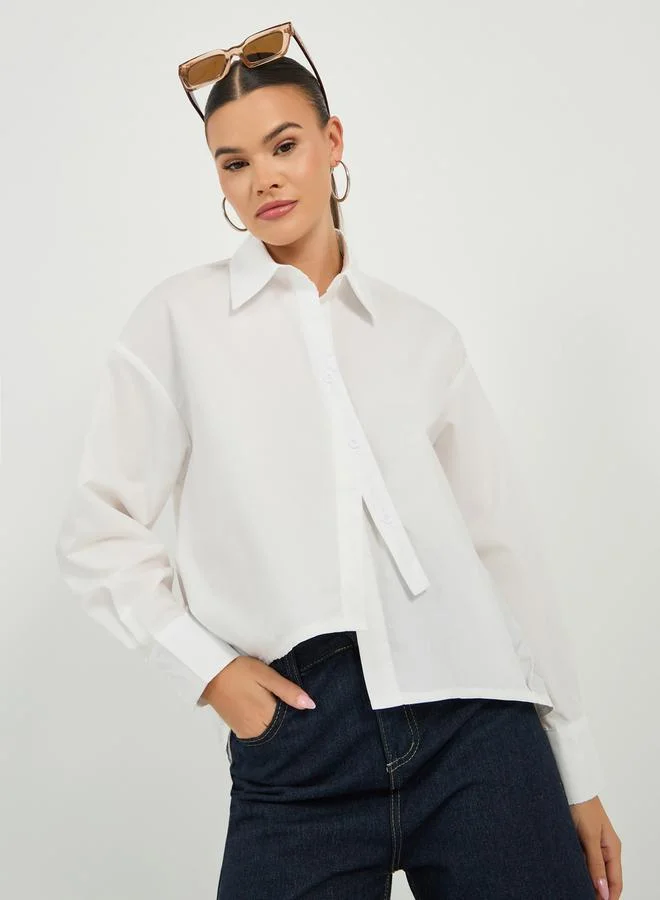 Styli Asymmetric Hem Boxy Shirt with Button Placket