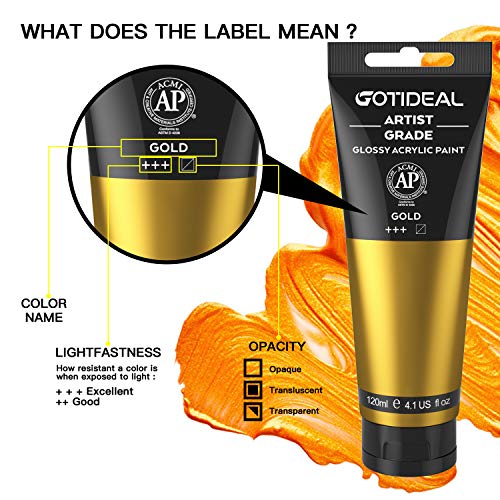 GOTIDEAL Acrylic Paint Metallic Gold 24K Tubes(120ml, 4.1 oz) Non Toxic Non Fading,Rich Pigments for Painters, Adults & Kids, Ideal for Canvas Wood Clay Fabric Ceramic Craft Supplies (Gold) - Image 2
