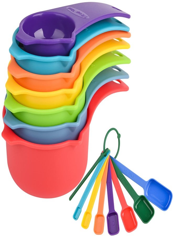 Hotsyang Plastic Measuring Cups and Spoons Set 15, Plastic Measuring Cups and Spoons for Kitchen & Baking, Metric & US 7 Measure Cup & 7 Measure Spoon with Leveler, Mixing Color (random rainbow) - Image 1