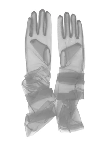 QRBTSCL Women's Wedding Bridal Mesh Tulle Gloves Long Opera Costume Party Glove 27" Elbow Length Sheer Gloves Silver - Image 1