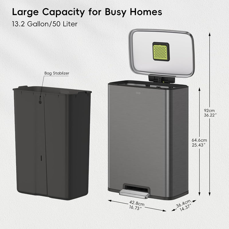 EKO Madison Gunmetal Stainless Steel 50 Liter/13.2 Gallon Step Trash Can with Inner Liner - Fingerprint Resistant Finish - Image 2
