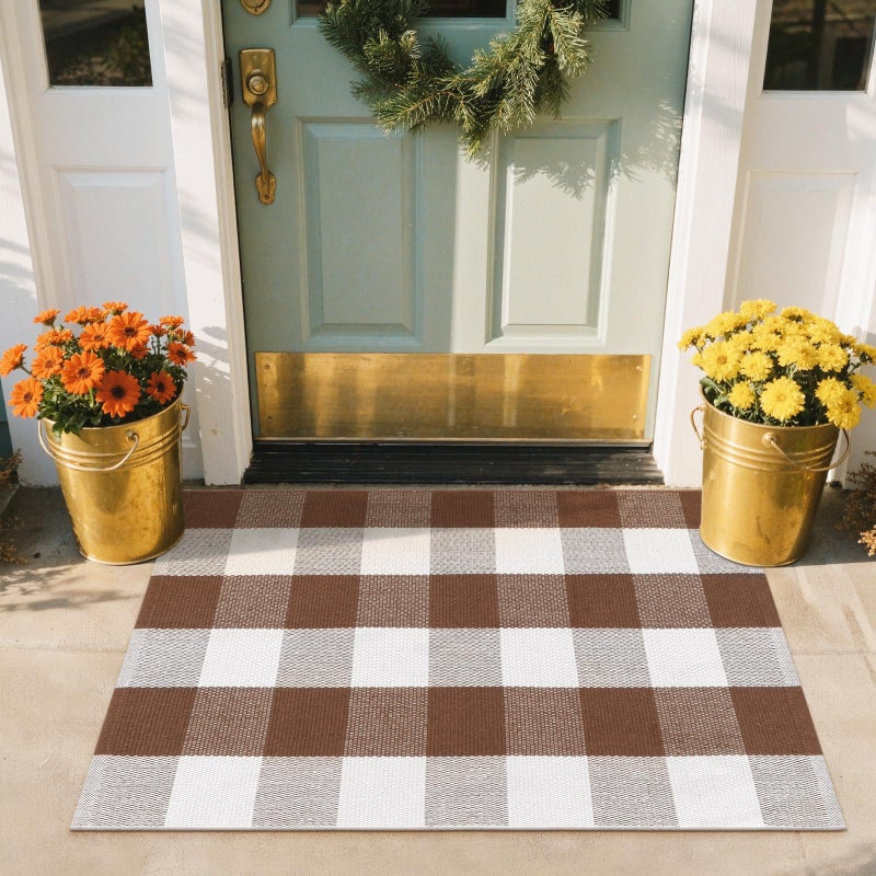 LEEVAN Buffalo Plaid Outdoor Rug Tan Washable Checkered Front Porch Rug Coffee and White Woven Cotton Layered Door Mats for EntrywayKitchenBedroom 275x43 Inch