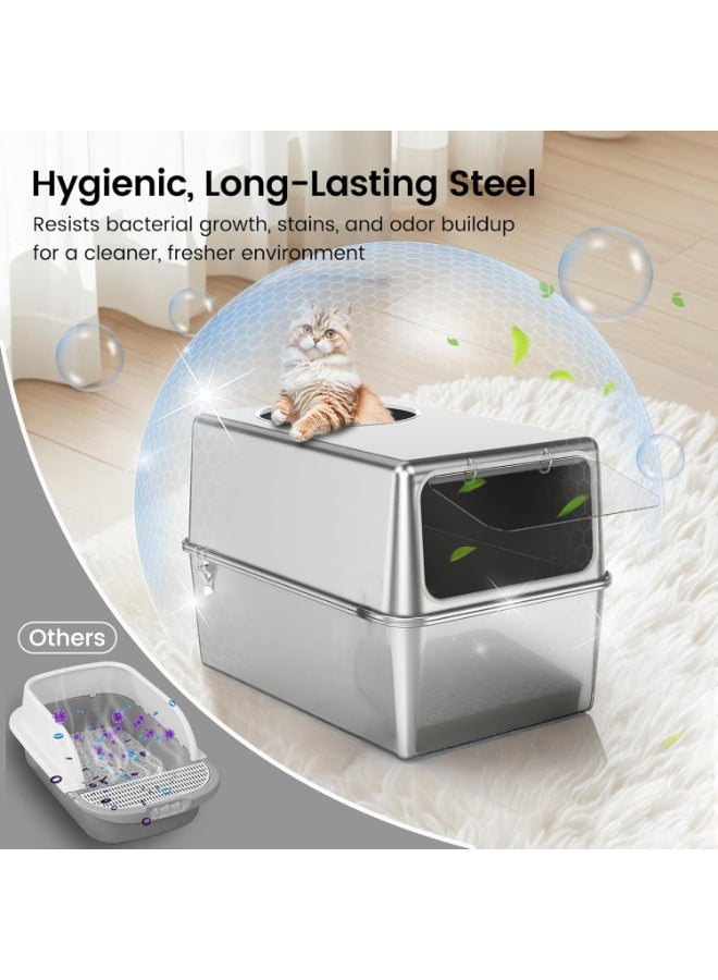 A.M Stainless Steel Litter Box with Lid and Scoop, Enclosed Metal Litter Box with High Sides, Large Cat Litter Box, Dog-Proof, Top & Front Entry, Odor Control, Easy to Clean,Durable with Round Edge  - Image 4