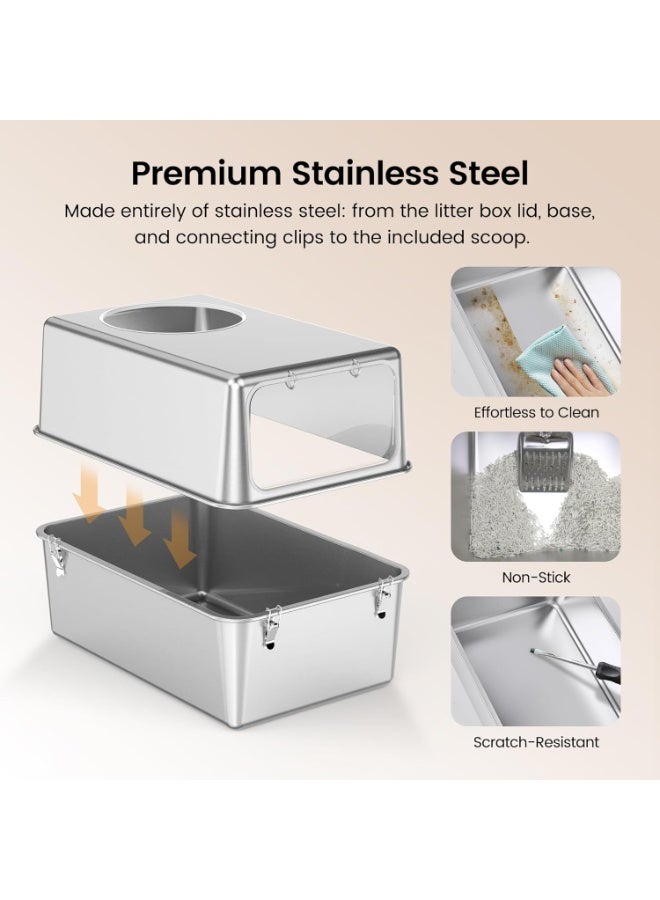 A.M Stainless Steel Litter Box with Lid and Scoop, Enclosed Metal Litter Box with High Sides, Large Cat Litter Box, Dog-Proof, Top & Front Entry, Odor Control, Easy to Clean,Durable with Round Edge  - Image 2