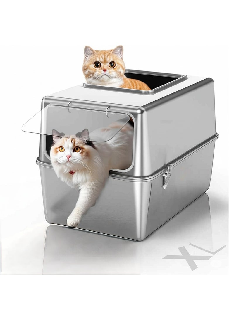 A.M Stainless Steel Litter Box with Lid and Scoop, Enclosed Metal Litter Box with High Sides, Large Cat Litter Box, Dog-Proof, Top & Front Entry, Odor Control, Easy to Clean,Durable with Round Edge  - Image 1