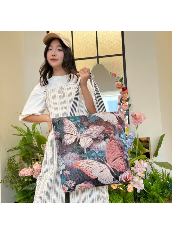 Ethnic Style Butterfly Stereo Embroidery Women's Bag Canvas Bag Embroidery Craft Casual Large Tote Volume Bag Handmade-color:Hundred Flowers - Image 3