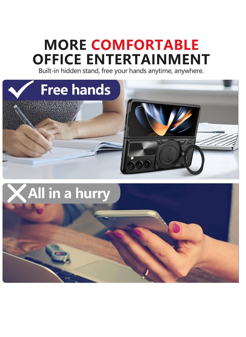 Excefore - Case Compatible with Samsung Galaxy Z Fold 5 Case [Heavy Duty Protective] [360°Ring Magnetic Kickstand] [Slide Camera Lens Cover] Protective Armor Case for Samsung Galaxy Z Fold 5 (Black) - Image 1
