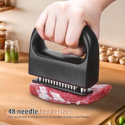 Trifecta Fowls Tools for Kitchen for Tenderizing Beef, Pork, Chicken Meat Tenderizer Stainless Steel Butter Meat Hammer 48 Blades Needle for Beef Steak Fowls Butter Cookware (Set of 1, Black) - Image 3