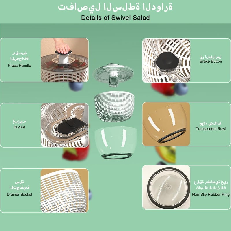 gluckluz Salad Spinner with Bowl 6L, Large Vegetable Washing Machine Fruit Clean Washer Drainer Lettuce Rotary Dryer, Manual Mixer Food Drain Basket Strainer Double Detachable Kitchen Restaurant Prep Container - Image 5