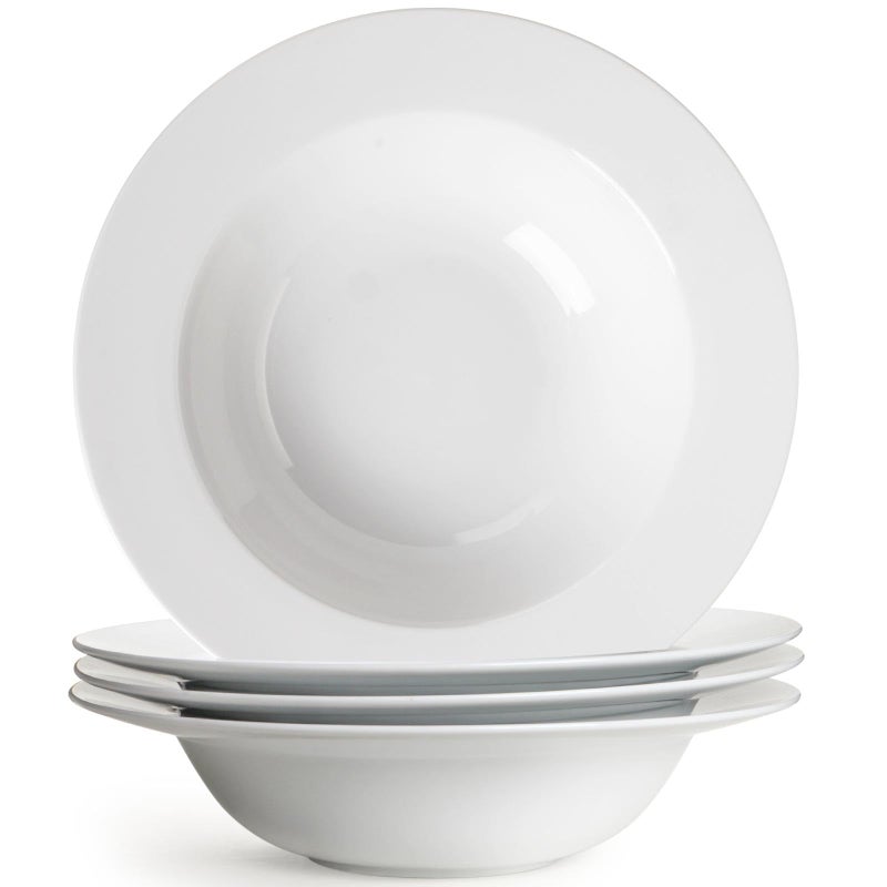 Wareland Pasta & Salad Bowls - 40oz White Ceramic Soup Plates - Set of 4, Large Pasta Plates, Wide Rimmed, Microwave & Dishwasher Safe - Image 1