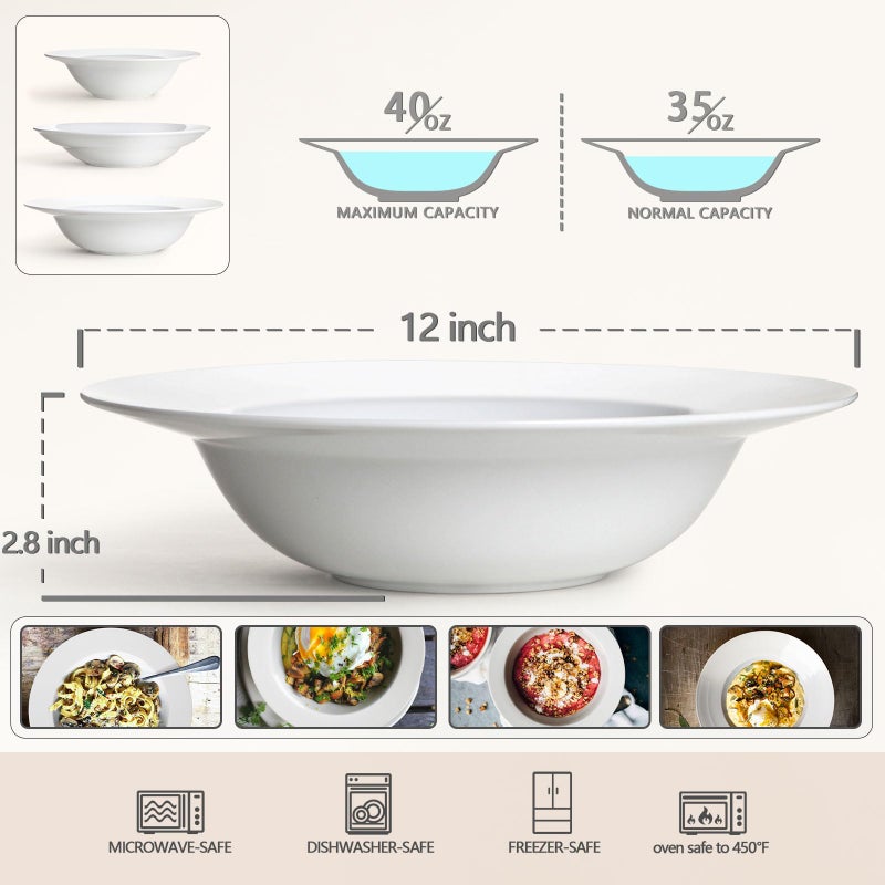 Wareland Pasta & Salad Bowls - 40oz White Ceramic Soup Plates - Set of 4, Large Pasta Plates, Wide Rimmed, Microwave & Dishwasher Safe - Image 2