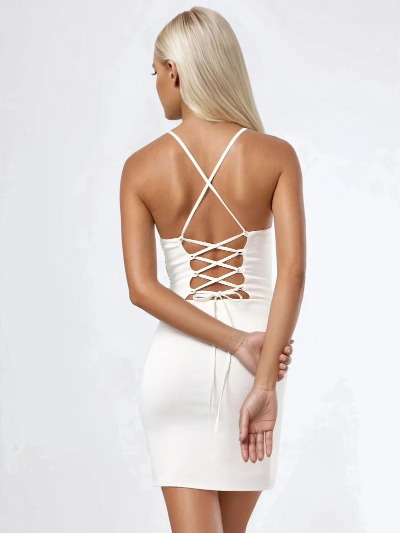 Hiccup Dusty White Heart Collar Shirred Mini Dress for Women | Best Price UAE