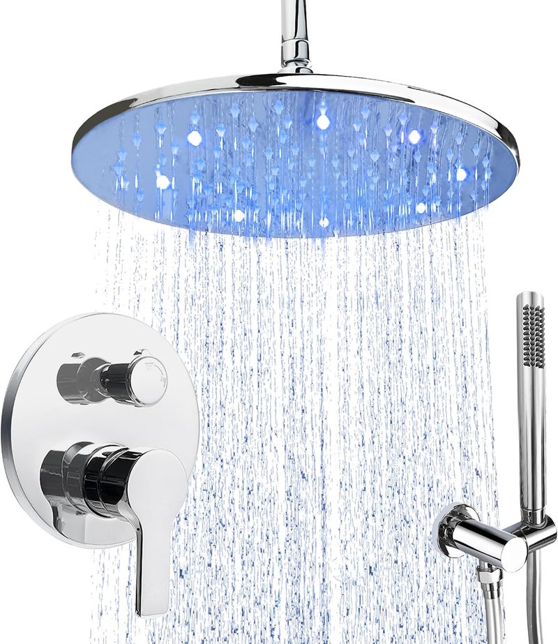 SKOWLL Ceiling Mount Rainfall Shower System, 12 Inch LED Chrome Shower Head System with Handheld, 2 Function Shower Faucets Sets Complete Rough-in Valve and Trim Included - Image 1