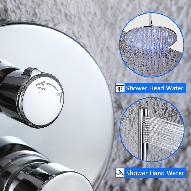 SKOWLL Ceiling Mount Rainfall Shower System, 12 Inch LED Chrome Shower Head System with Handheld, 2 Function Shower Faucets Sets Complete Rough-in Valve and Trim Included - Image 4
