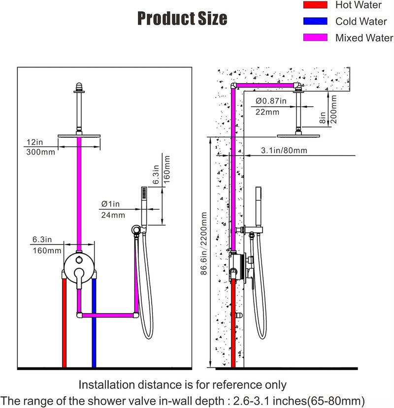 SKOWLL Ceiling Mount Rainfall Shower System, 12 Inch LED Chrome Shower Head System with Handheld, 2 Function Shower Faucets Sets Complete Rough-in Valve and Trim Included - Image 2