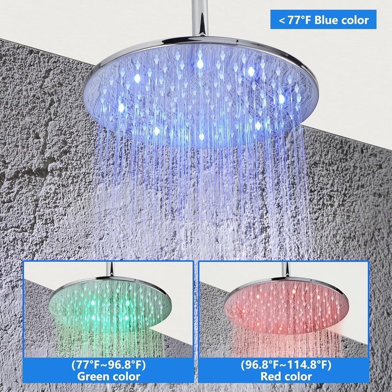 SKOWLL Ceiling Mount Rainfall Shower System, 12 Inch LED Chrome Shower Head System with Handheld, 2 Function Shower Faucets Sets Complete Rough-in Valve and Trim Included - Image 3