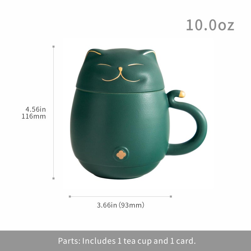HEER Cat Tea Cup with Infuser and Lid, Ceramic Tea Mug for Steeping Loose Leaf, Funny Cat Lover Gifts for Women, Cute Ceramic Teacup with Strainer Christmas Birthday Gifts for Frinds, Sister. (Green) - Image 3
