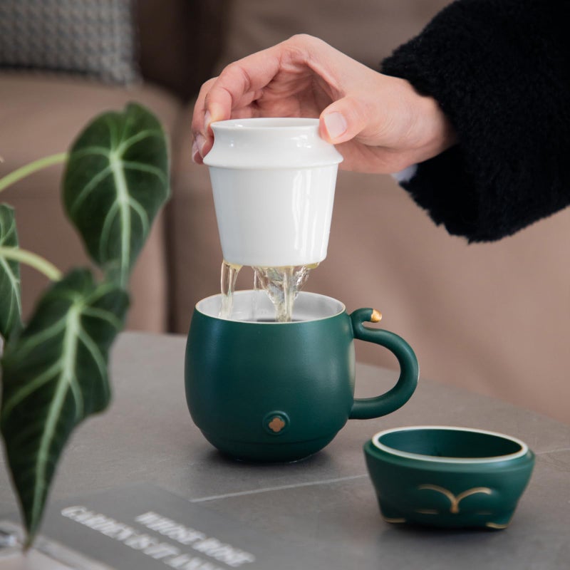HEER Cat Tea Cup with Infuser and Lid, Ceramic Tea Mug for Steeping Loose Leaf, Funny Cat Lover Gifts for Women, Cute Ceramic Teacup with Strainer Christmas Birthday Gifts for Frinds, Sister. (Green) - Image 4
