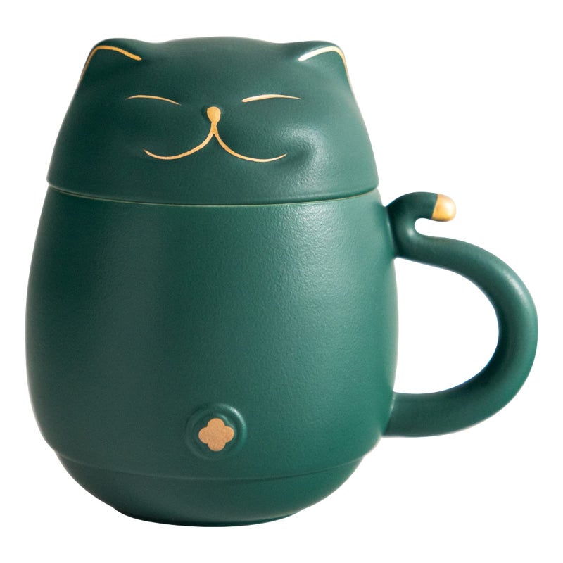 HEER Cat Tea Cup with Infuser and Lid, Ceramic Tea Mug for Steeping Loose Leaf, Funny Cat Lover Gifts for Women, Cute Ceramic Teacup with Strainer Christmas Birthday Gifts for Frinds, Sister. (Green) - Image 1
