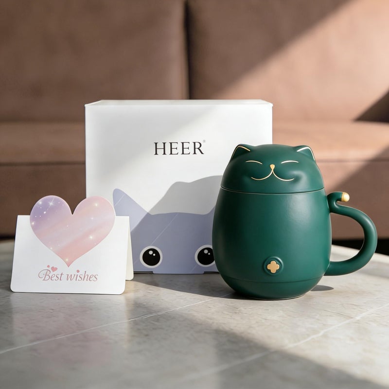 HEER Cat Tea Cup with Infuser and Lid, Ceramic Tea Mug for Steeping Loose Leaf, Funny Cat Lover Gifts for Women, Cute Ceramic Teacup with Strainer Christmas Birthday Gifts for Frinds, Sister. (Green) - Image 2