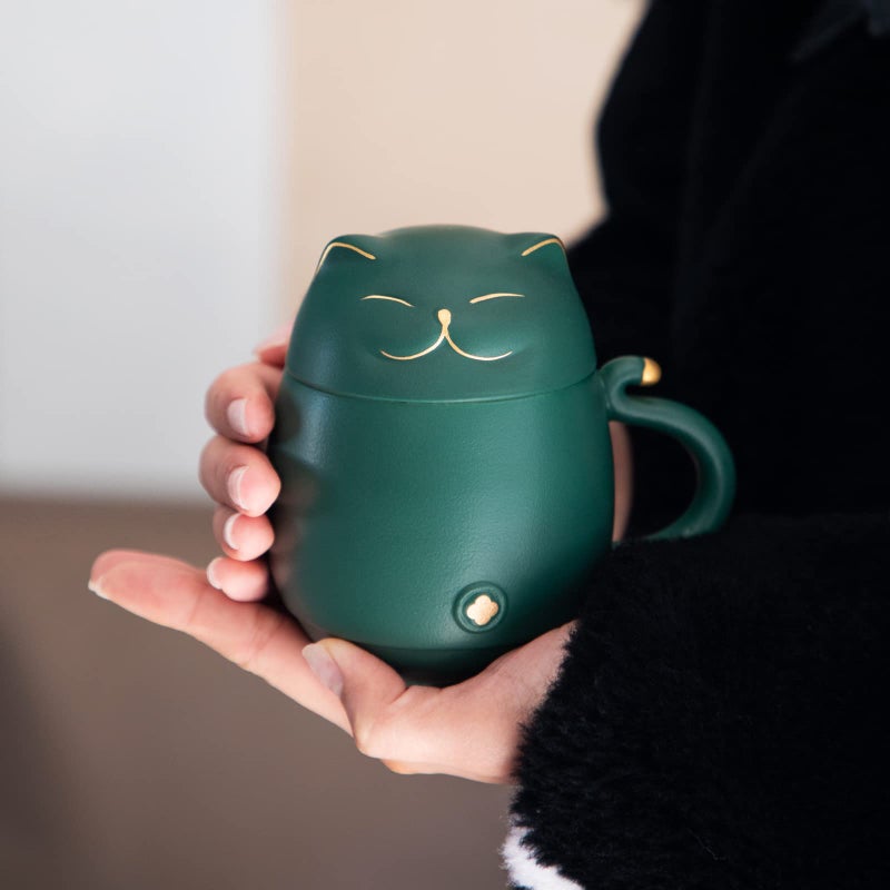 HEER Cat Tea Cup with Infuser and Lid, Ceramic Tea Mug for Steeping Loose Leaf, Funny Cat Lover Gifts for Women, Cute Ceramic Teacup with Strainer Christmas Birthday Gifts for Frinds, Sister. (Green) - Image 5