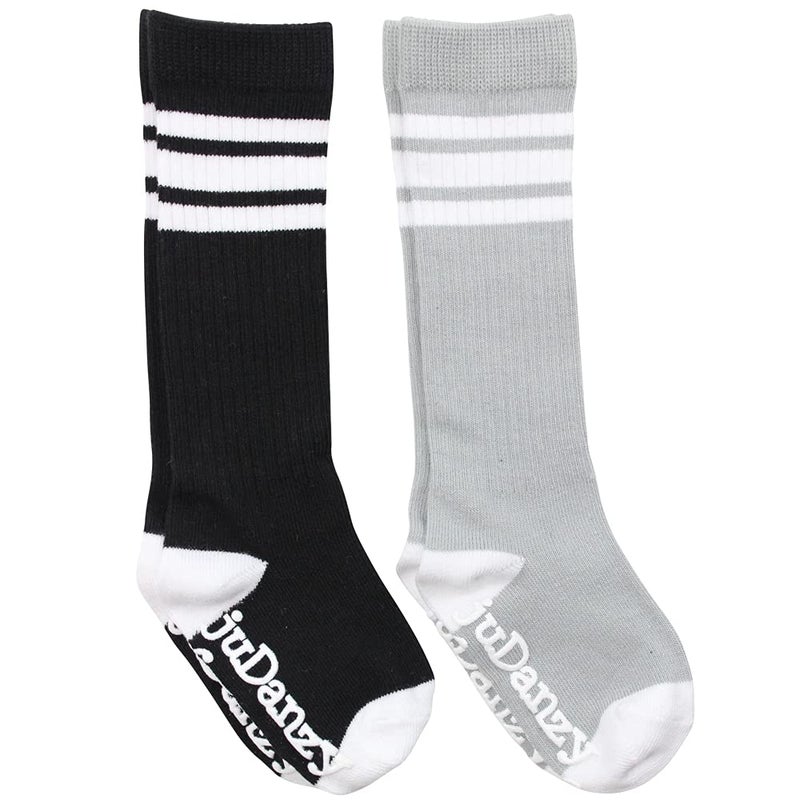 juDanzy 2 Pack of Baby, Toddler and Kids Knee High Tube Socks for Boys and Girls with Grips (4-6 Years, Black & Gray) - Image 1