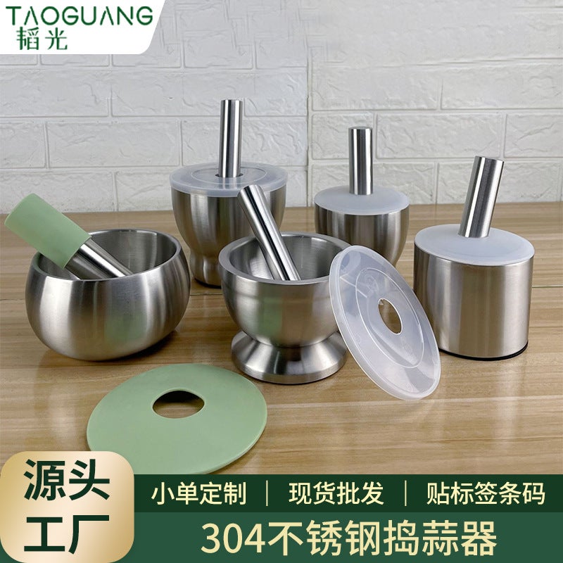 304 Stainless Steel Garlic Masher Round Grinding Pot Mortar Mold Stone Mortar Masher With Lid Mortar Masher - Image 2