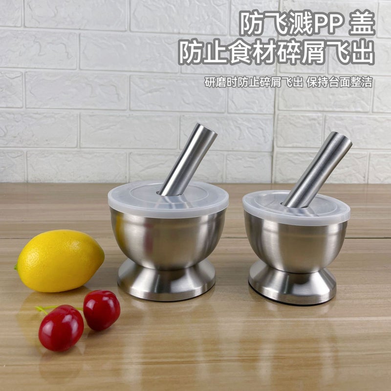 304 Stainless Steel Garlic Masher Round Grinding Pot Mortar Mold Stone Mortar Masher With Lid Mortar Masher - Image 4