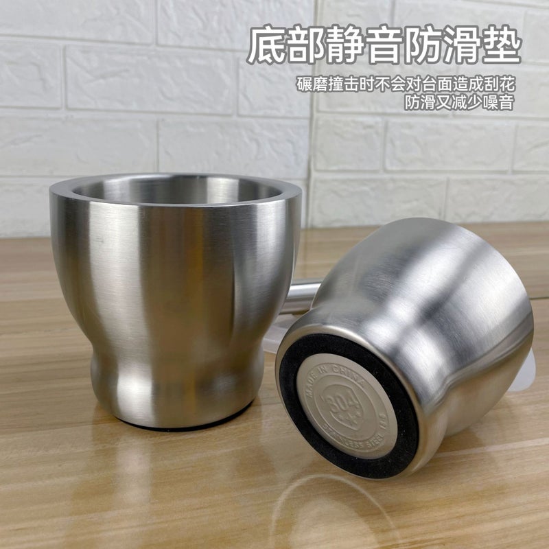 304 Stainless Steel Garlic Masher Round Grinding Pot Mortar Mold Stone Mortar Masher With Lid Mortar Masher - Image 3