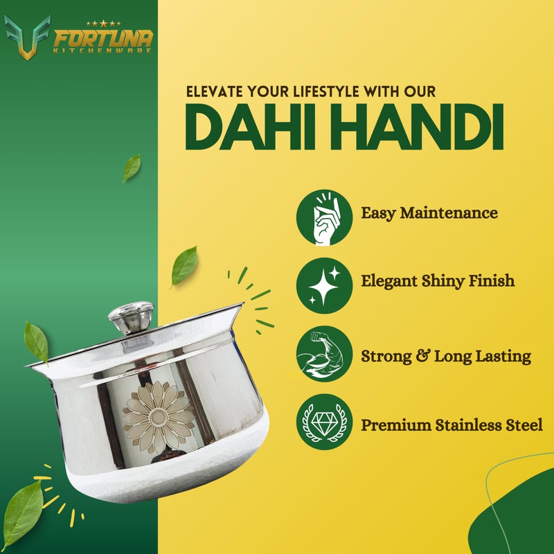 FORTUNA KITCHENWARE Fortuna Kitchenware Stainless Steel Dahi Handi, Heavy Weight | Biryani Handi Set with Lid, Milk Pot | Steel Handi for Cooking | Gift Set of 2 (400ml & 1000ml) - Image 4