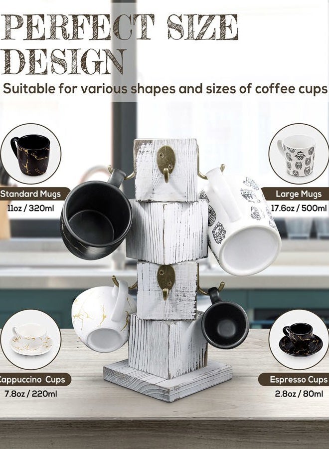 PUERSI Coffee Mug Holder for Counter, Rustic Solid Wood Mug Tree, Farmhouse Wooden Coffee Cup Rack, Distressed White Mug Stand with 8 Hooks - Image 5
