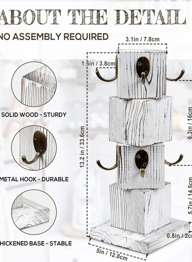PUERSI Coffee Mug Holder for Counter, Rustic Solid Wood Mug Tree, Farmhouse Wooden Coffee Cup Rack, Distressed White Mug Stand with 8 Hooks - Image 3