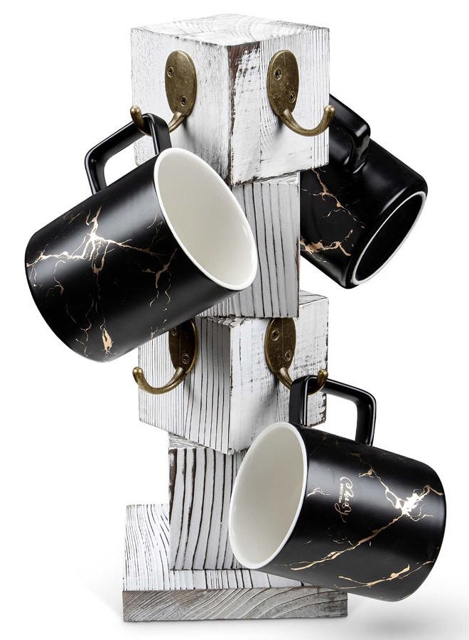 PUERSI Coffee Mug Holder for Counter, Rustic Solid Wood Mug Tree, Farmhouse Wooden Coffee Cup Rack, Distressed White Mug Stand with 8 Hooks - Image 1
