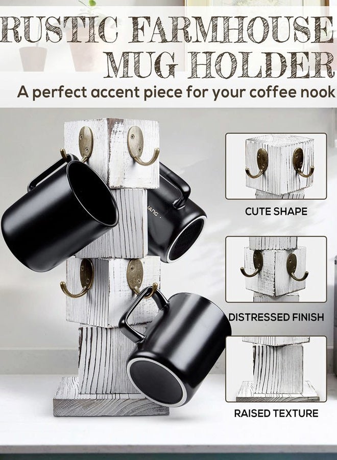 PUERSI Coffee Mug Holder for Counter, Rustic Solid Wood Mug Tree, Farmhouse Wooden Coffee Cup Rack, Distressed White Mug Stand with 8 Hooks - Image 2